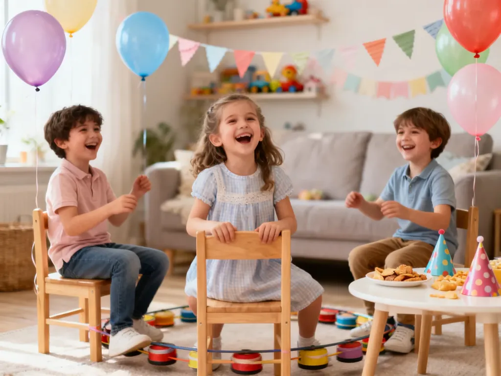 Dzieci bawiące się w krzesełka przy kolorowych balonach i przekąskach, radosna domowa atmosfera urodzinowa.