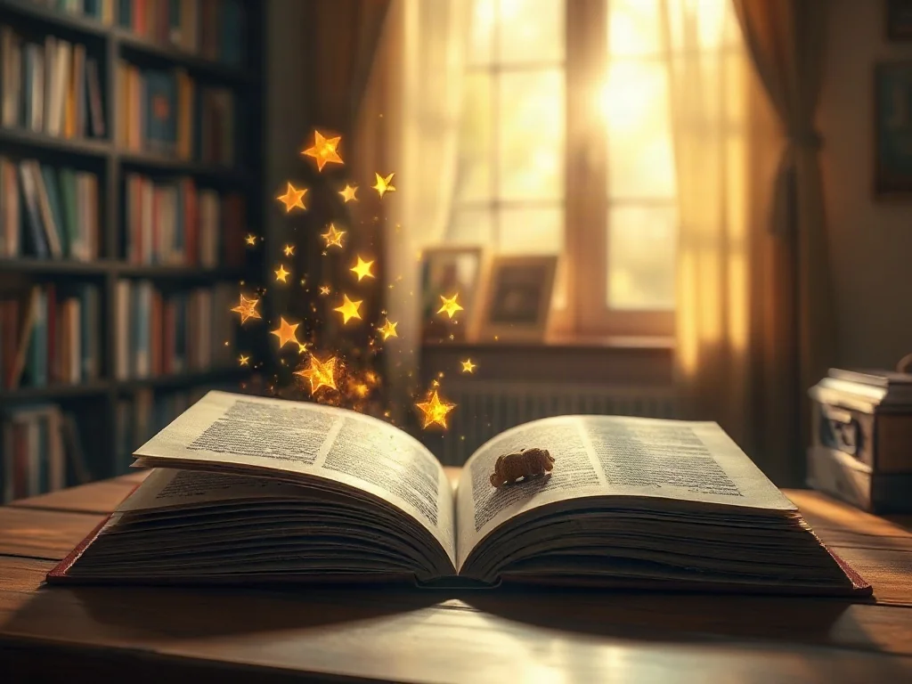 Otwarta książka na drewnianym biurku, z której wydobywa się magiczny pył tworzący kształty zwierząt i gwiazd.