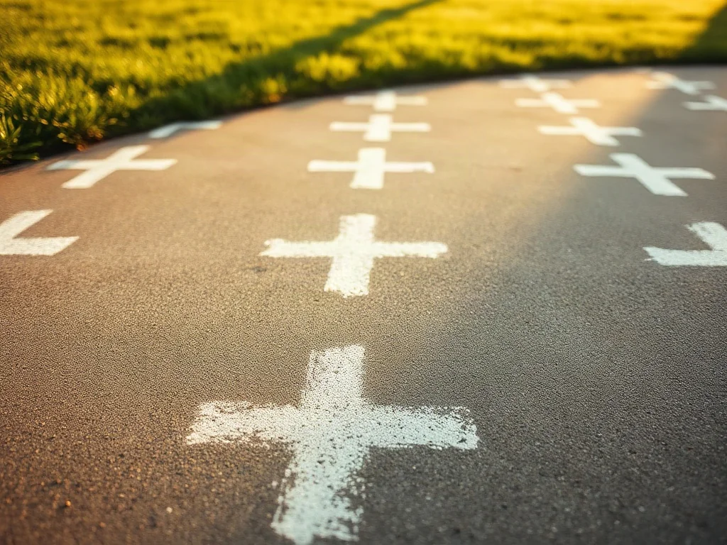 Klasa narysowana białą kredą na betonowym podłożu, z widocznym w tle zielonym trawnikiem w świetle zachodzącego słońca.