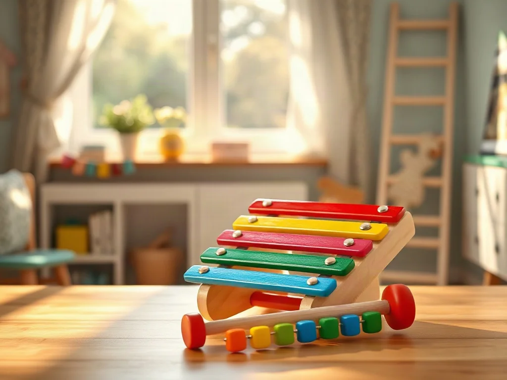 Kolorowy drewniany ksylofon i zestaw instrumentów perkusyjnych dla dzieci na jasnym stole w przytulnym pokoju.