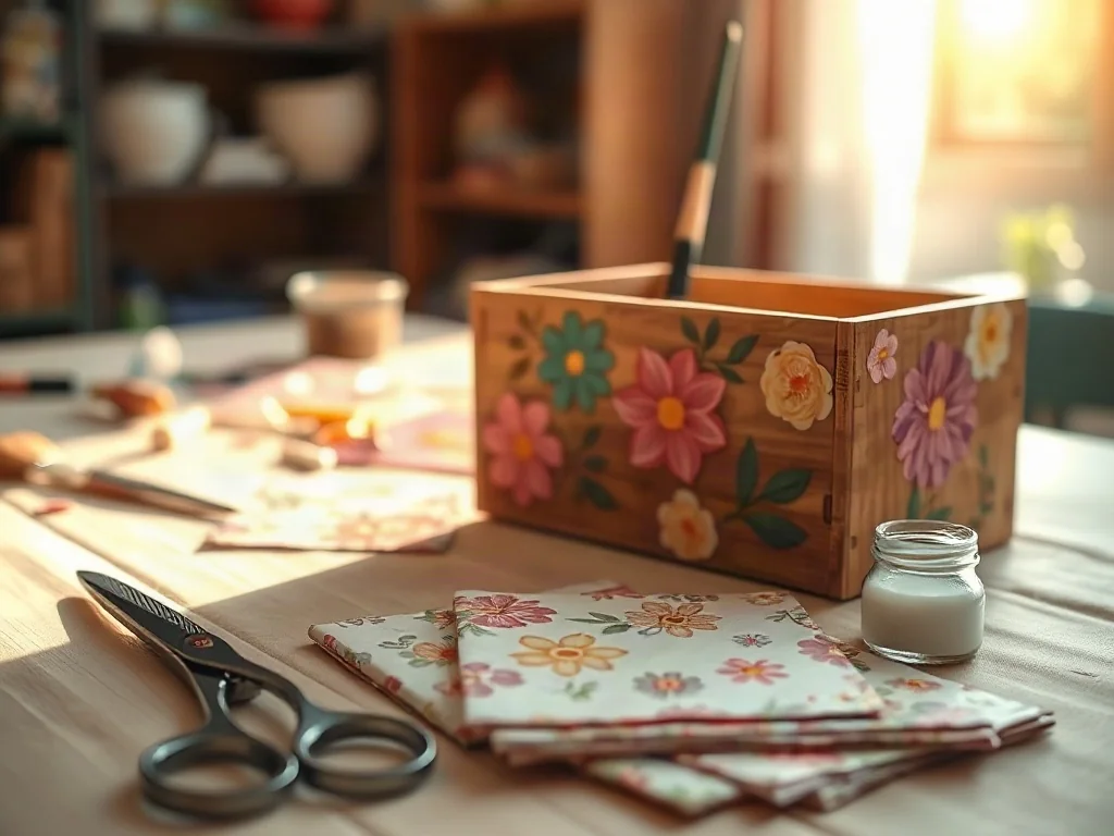 Drewniane pudełko ozdabiane techniką decoupage przy użyciu pędzla, kleju i kolorowych serwetek z motywem kwiatowym.