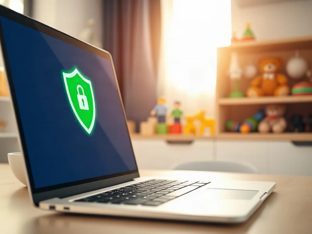 Ekran laptopa z ikoną zielonej tarczy i kłódki na tle bezpiecznych zabawek, symbolizujący bezpieczne zakupy online.