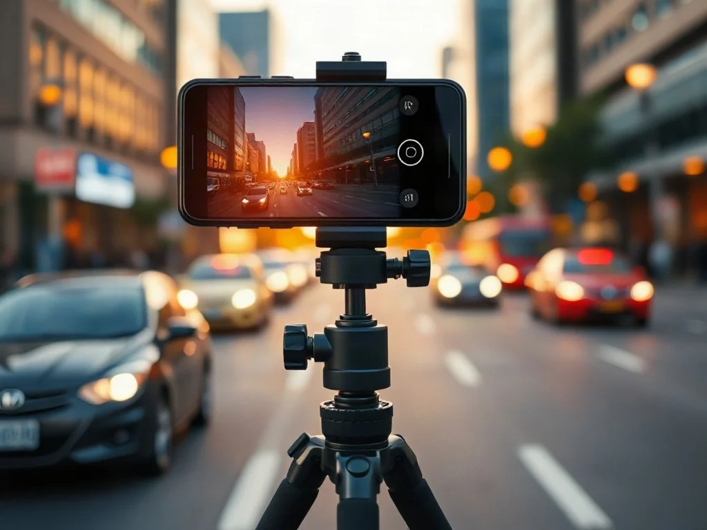 Smartfon na statywie ustawiony do nagrywania filmu poklatkowego na tle rozmytego miasta o zachodzie słońca.