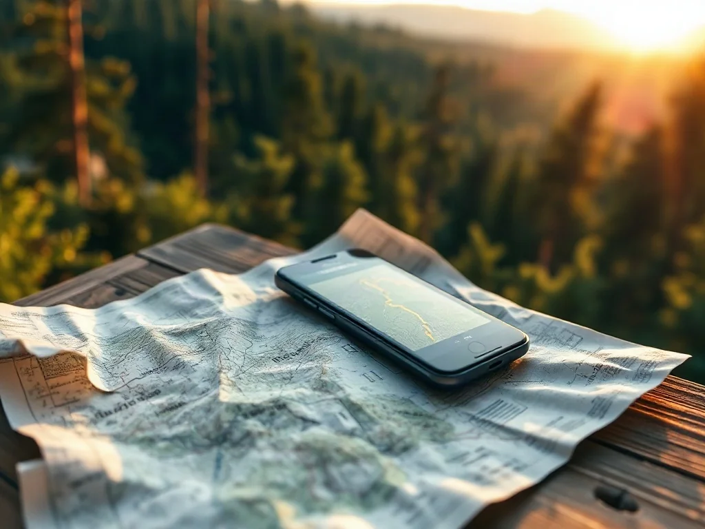 Porównanie papierowej mapy topograficznej ze smartfonem z aplikacją GPS na drewnianym stole z widokiem na górski las.