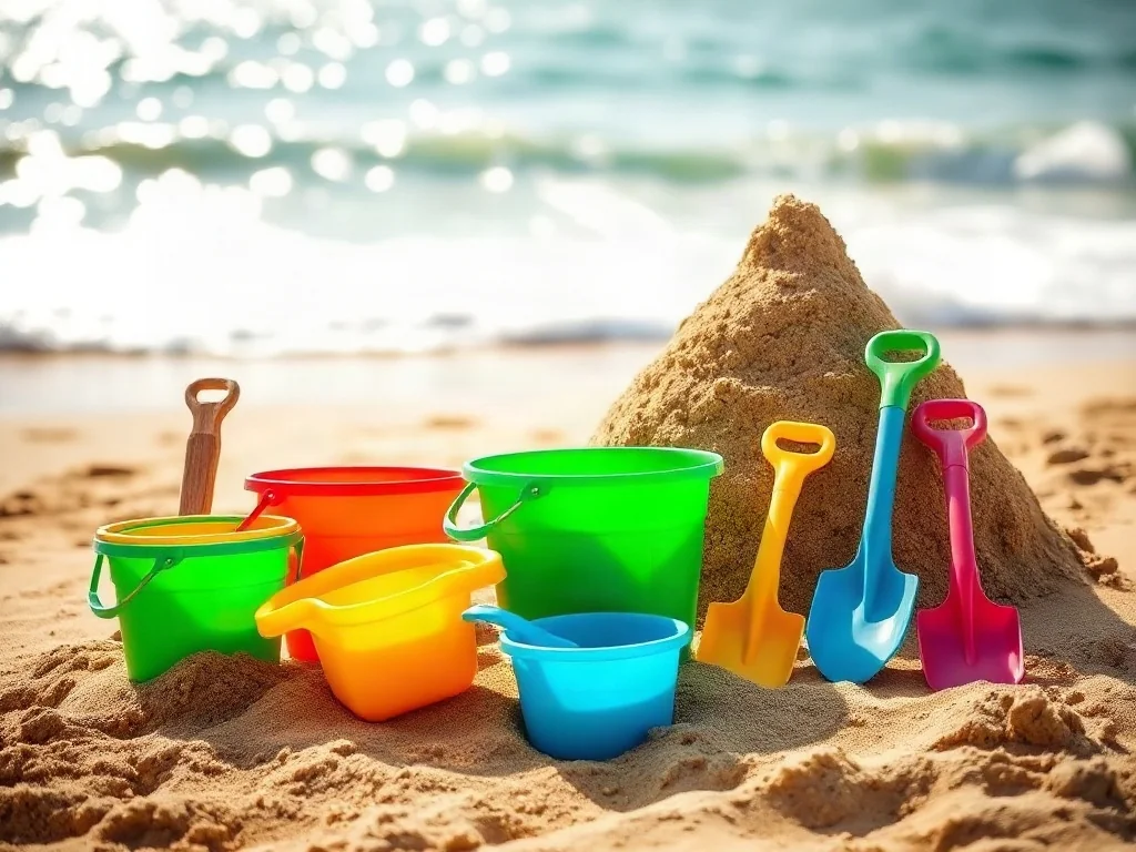 Profesjonalny zestaw do budowania zamków z piasku z kolorowymi foremkami i łopatkami na słonecznej plaży.