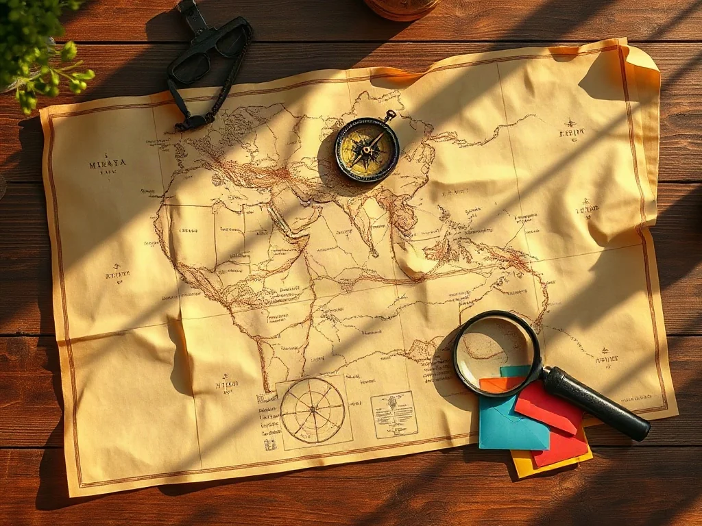 Stara mapa, kompas, lupa i kolorowe koperty ze wskazówkami rozłożone na drewnianym stole, gotowe do gry w podchody.