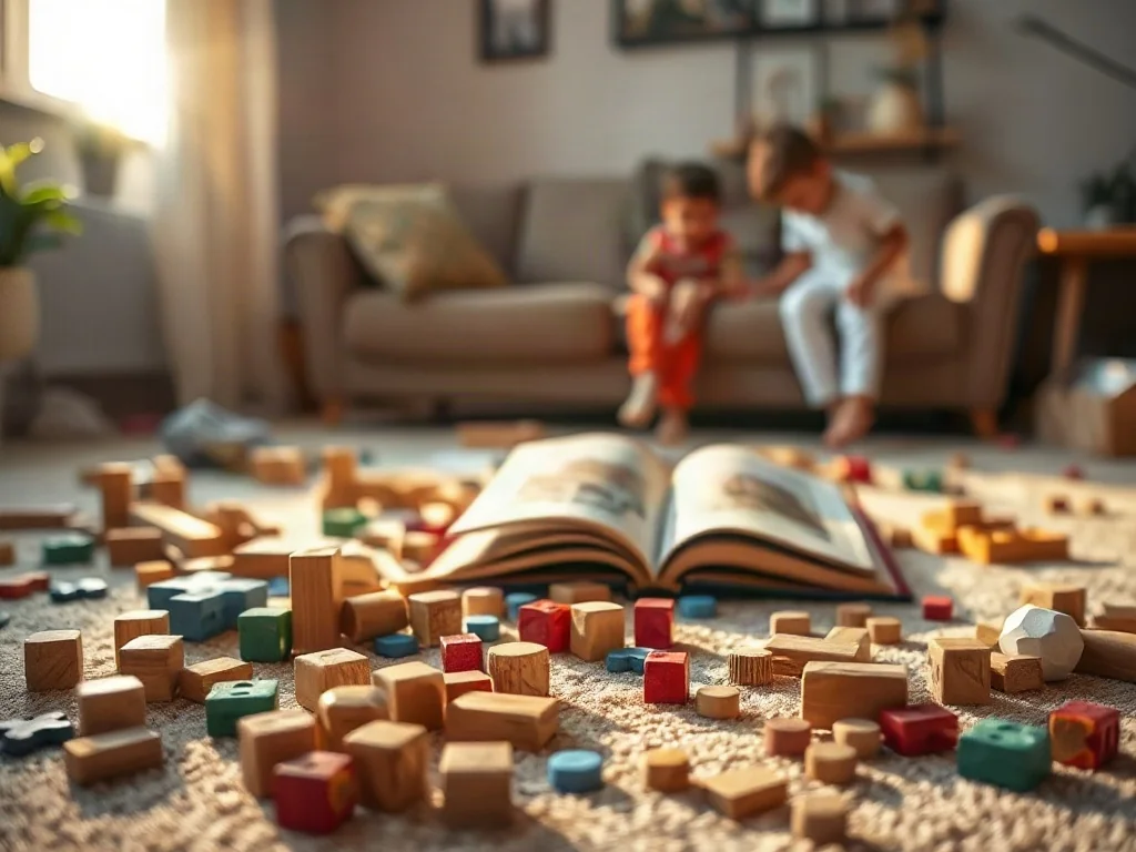 Rozrzucone na podłodze klocki, puzzle i otwarta książka, symbolizujące dziecięcą zabawę w domowym zaciszu.