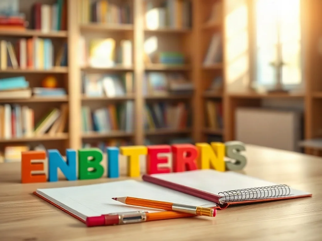 Kolorowe klocki z literami i otwarty zeszyt na biurku, zachęcające dzieci do nauki układania zdań.