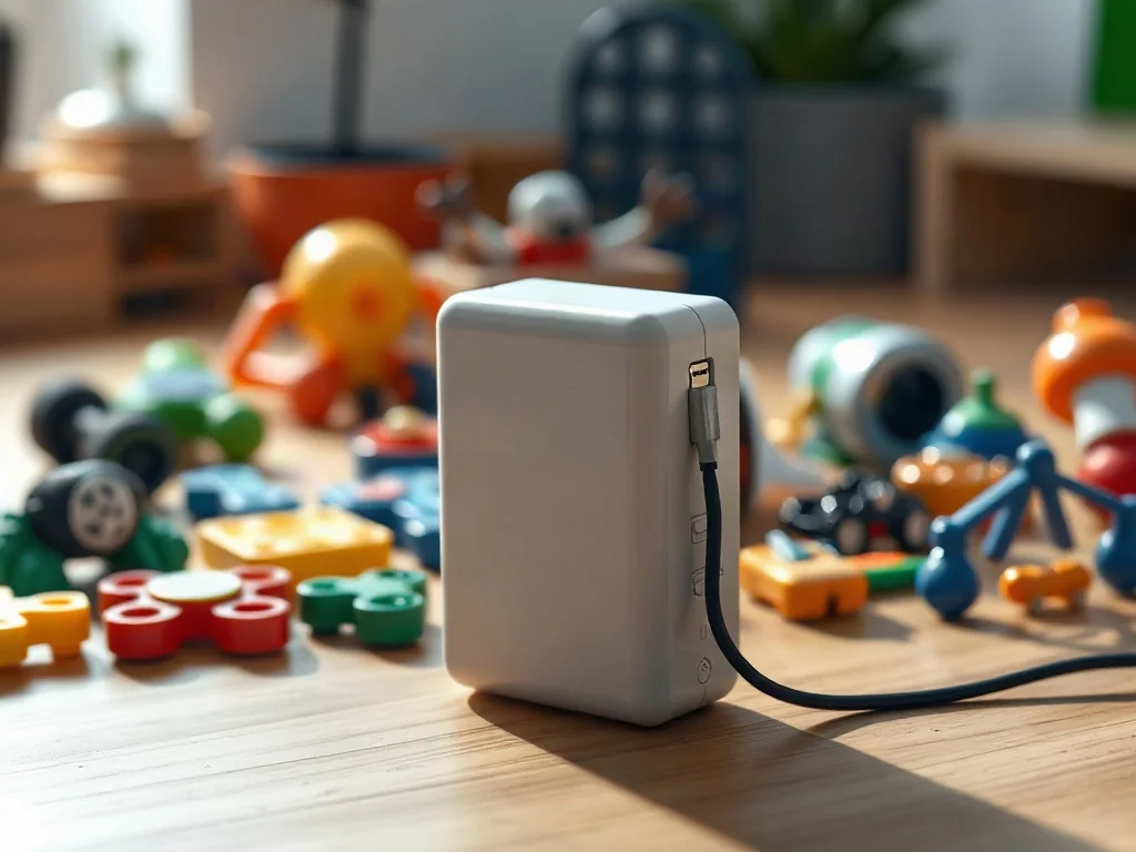 Nowoczesna ładowarka sieciowa z kablem USB-C leżąca na drewnianym stole w otoczeniu kolorowych zabawek.