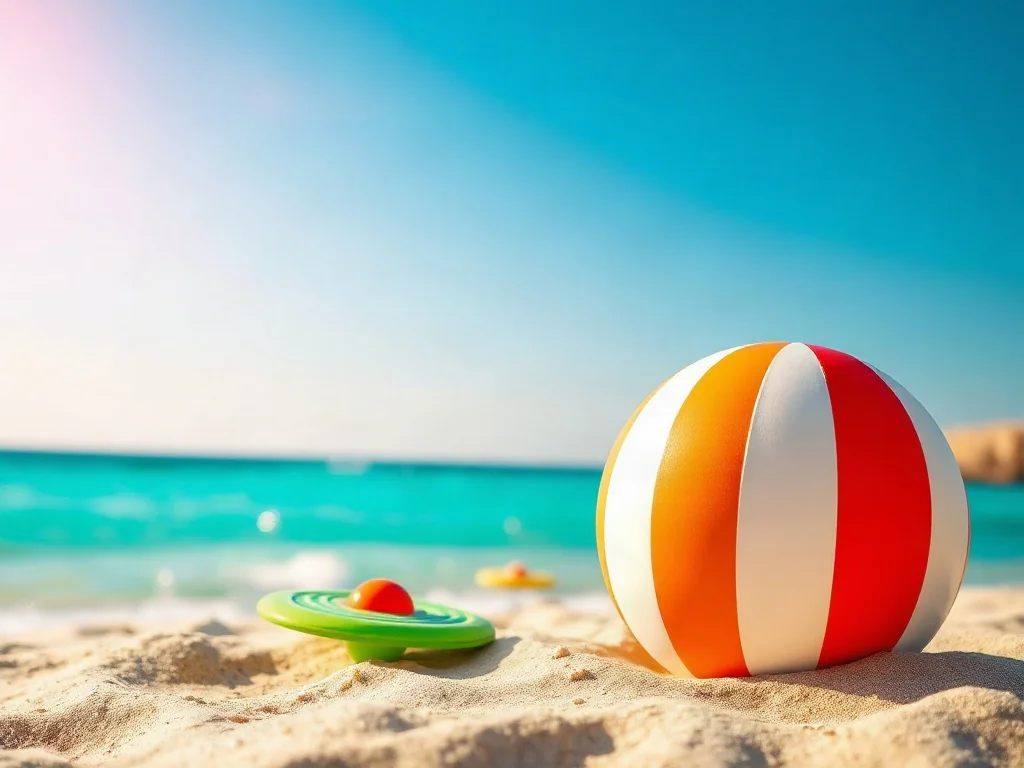 Kolorowa piłka plażowa i frisbee leżące na złotym piasku na tle błękitnego oceanu, gotowe do wakacyjnej zabawy.