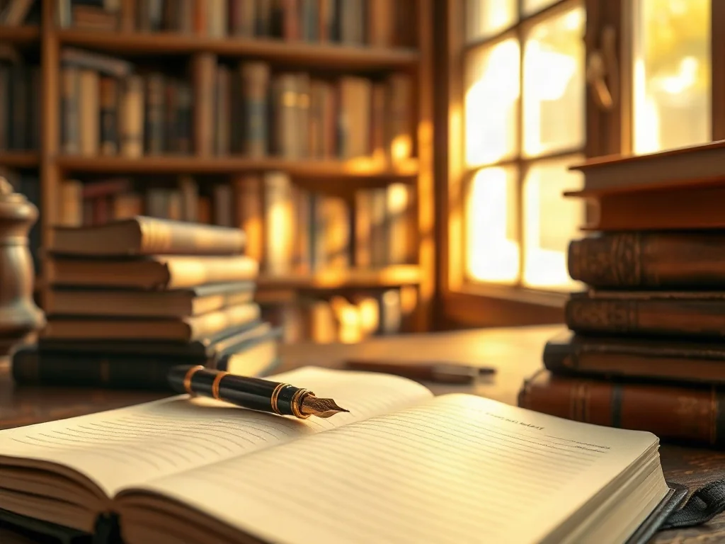 Przytulne stanowisko pracy z otwartym notatnikiem, piórem i stosem dzienników do kreatywnego pisania na tle biblioteczki.