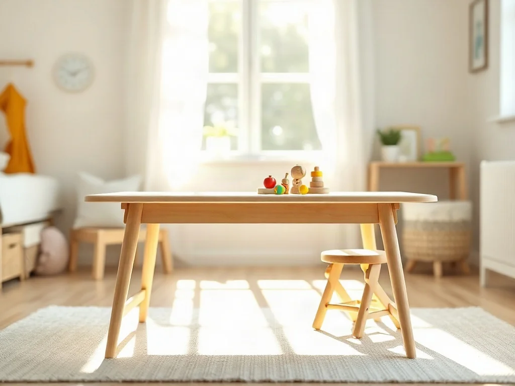 Minimalistyczny, składany stolik drewniany dla dzieci w przytulnym, jasnym pokoju z kolorowymi zabawkami.