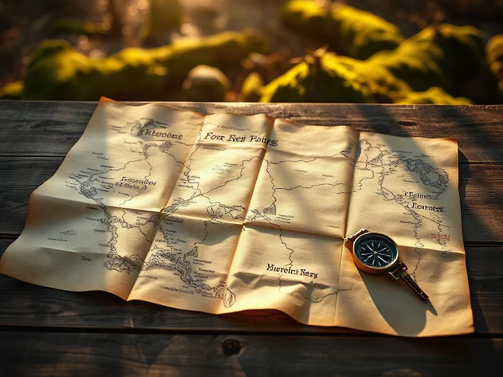 Stara mapa z ręcznie rysowanymi szlakami i kompasem na drewnianym stole, przygotowująca do planowania gry terenowej.