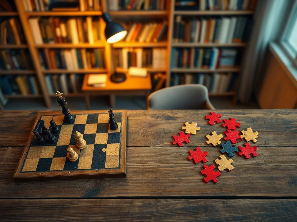Drewniany stół z szachownicą po lewej stronie i układanymi puzzlami po prawej, ilustrujący różnice między grami.