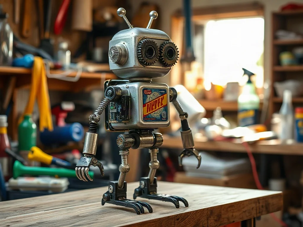 Robot własnoręcznie wykonany z metalowych odpadów, części elektronicznych i plastikowych butelek na warsztacie.
