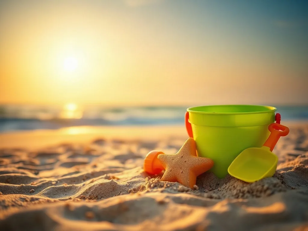 Kolorowe zabawki do piasku na plaży podczas zachodu słońca, zachęcające do kreatywnej zabawy nad morzem.