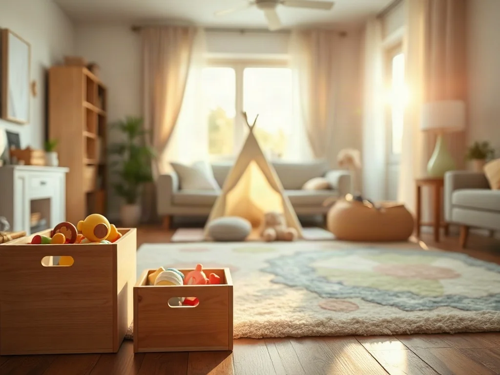 Przytulny kącik zabaw dla dziecka w salonie z namiotem tipi, drewnianymi skrzyniami na zabawki i miękkim dywanem.