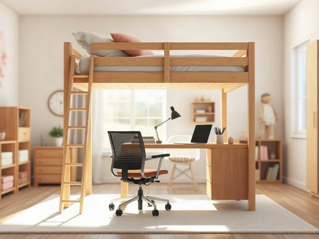 Nowoczesne łóżko piętrowe z biurkiem i ergonomicznym krzesłem w jasnym, przytulnym pokoju dziecięcym.