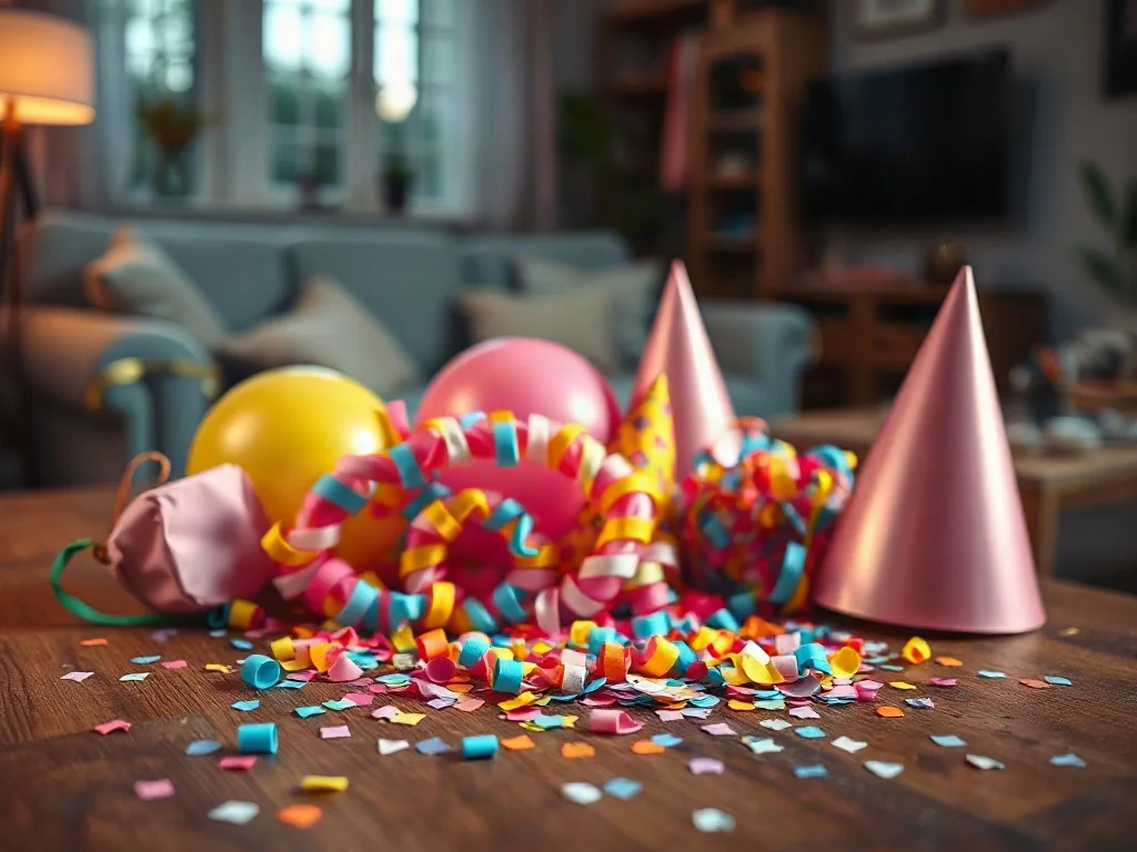 Kolorowe akcesoria urodzinowe, takie jak konfetti, balony i czapeczki, rozłożone na drewnianym stole w świątecznej aranżacji.