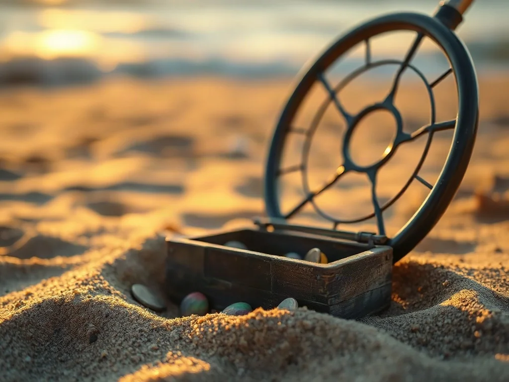 Cewka wykrywacza metali nad częściowo odsłoniętą skrzynią ze skarbami na piaszczystej plaży o wschodzie słońca.