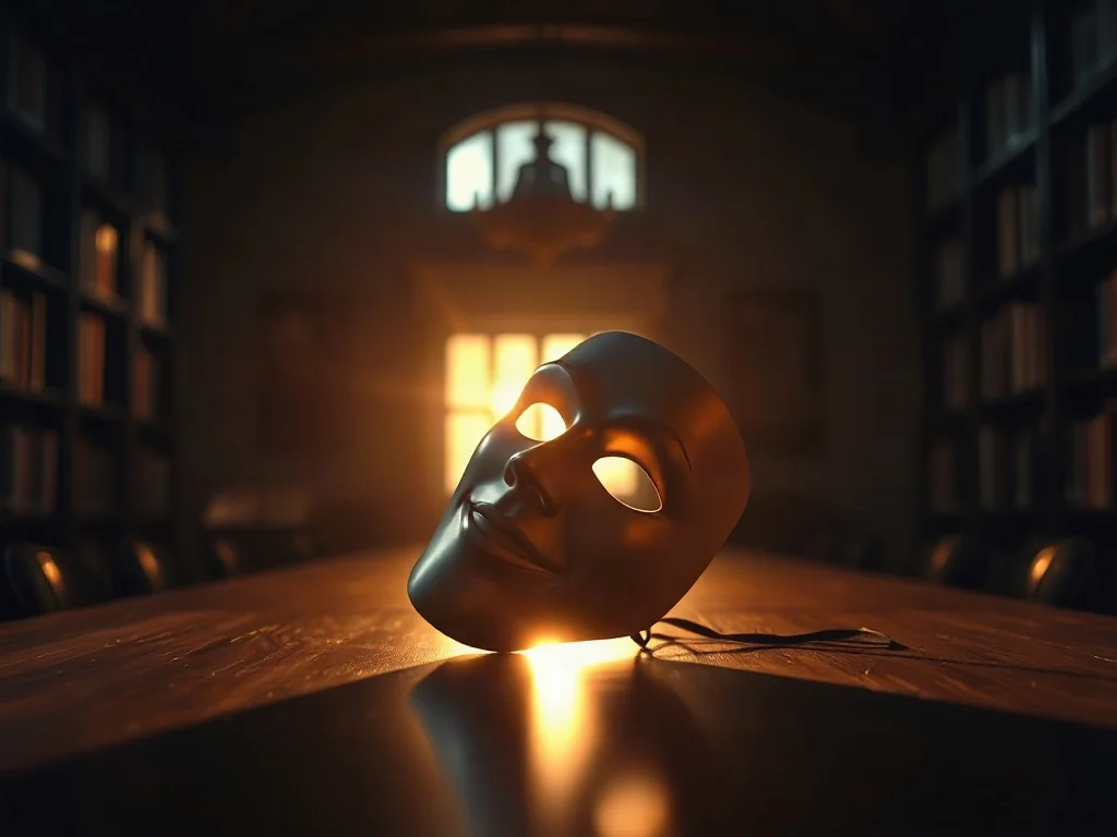 Teatralna maska na drewnianym stole, symbolizująca ukrywanie emocji i dualizm między fasadą a wnętrzem człowieka.