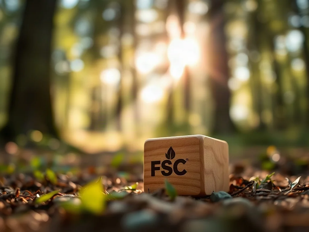 Drewniany klocek z wygrawerowanym logo FSC leżący na leśnym podłożu, podkreślający ekologiczne pochodzenie zabawki.