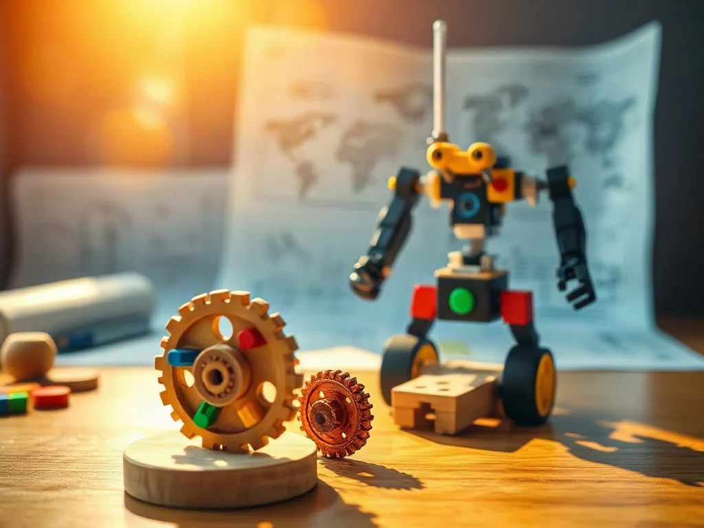Drewniane klocki konstrukcyjne, koła zębate i prototyp robota na biurku, symbolizujące naukę inżynierii i kreatywność dzieci.
