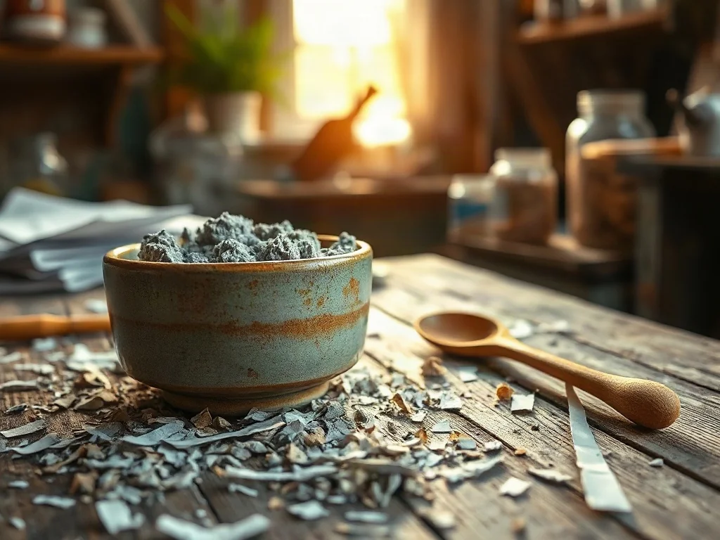 Przygotowana masa papierowa w ceramicznej misce na drewnianym stole z kawałkami gazet, gotowa do domowego rękodzieła.